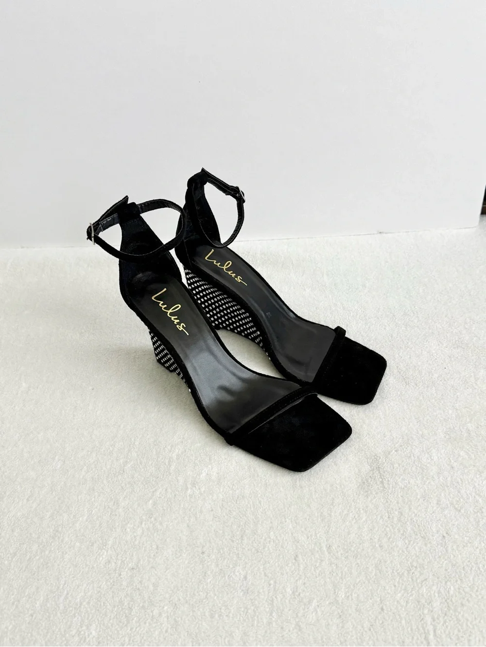 Lulus Black Rhinestone Ankle Strap Wedge Sandals Size